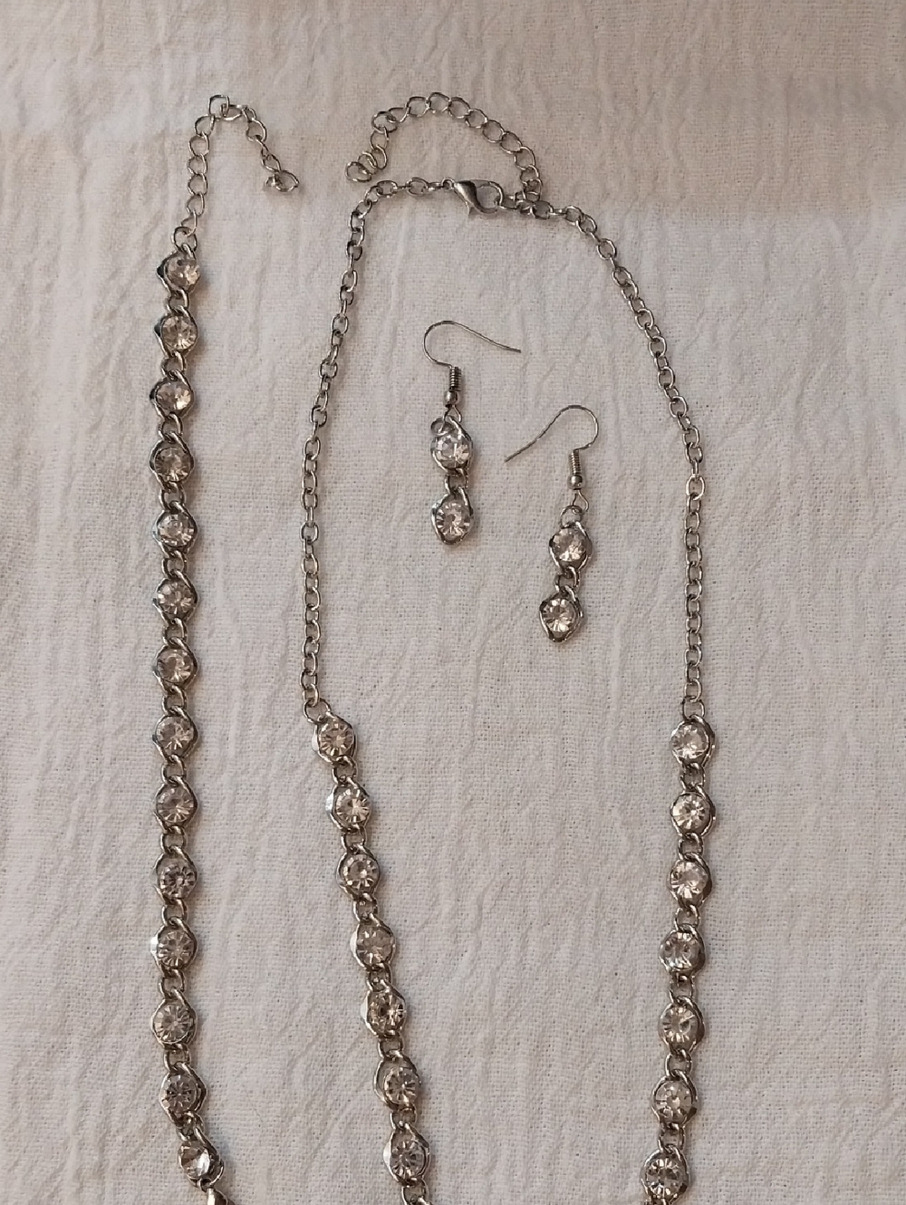 Silver Crystal Drop Necklace, Bracelet, and Earrings Set